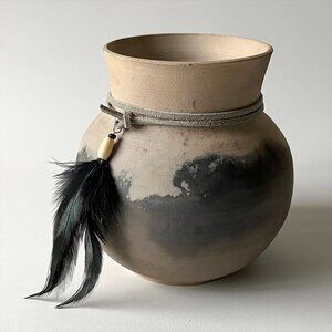 Signed Kinder Studio Pottery Vase 1992 Hand Thrown Art Pottery Feather Cord